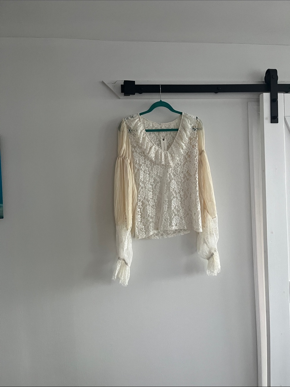 Anthropologie Cream Lace Blouse with Sheer Balloon Sleeves